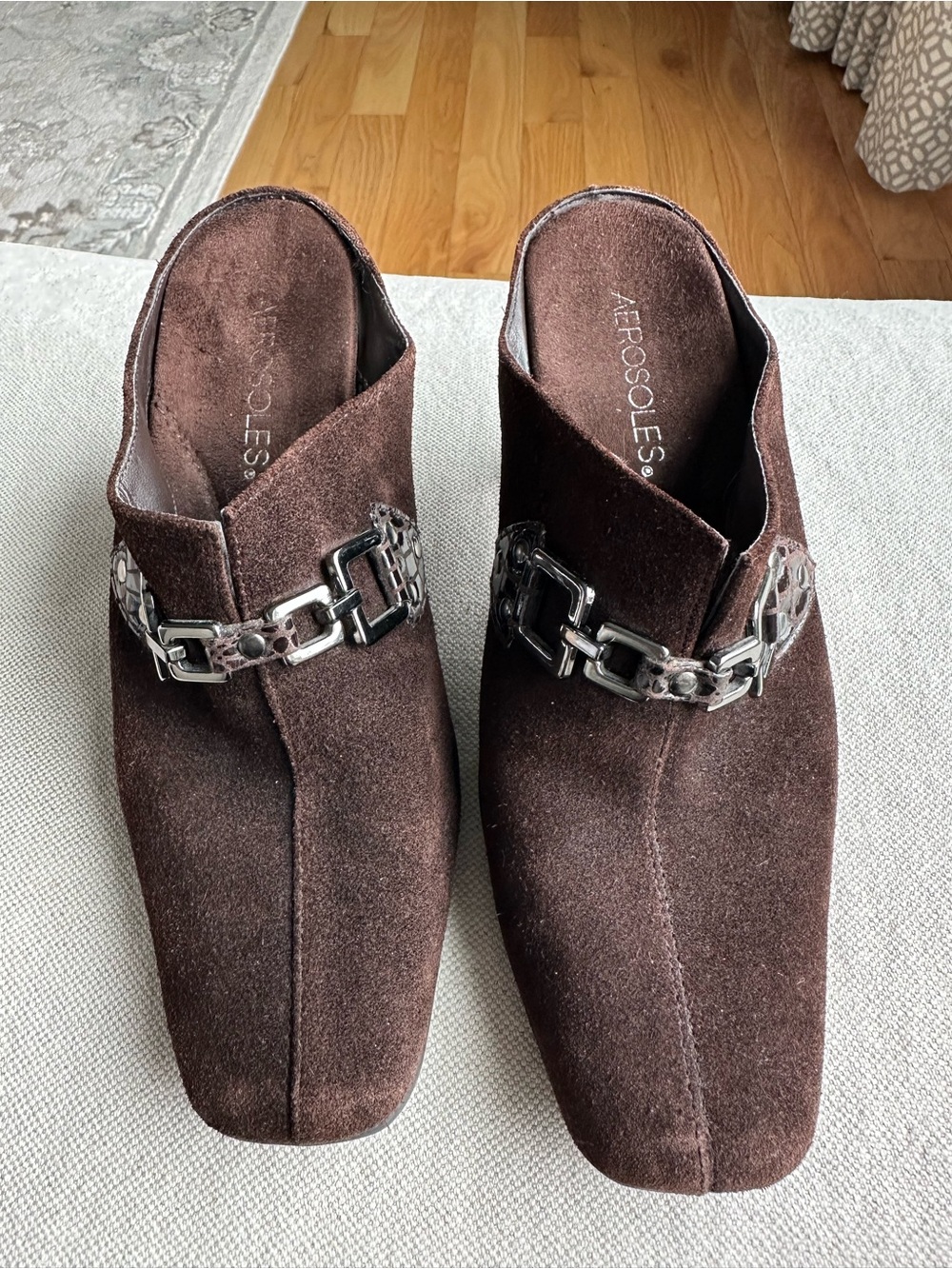 AEROSOLES Dark Brown Suede Mule Slides with Silver Chain Detail